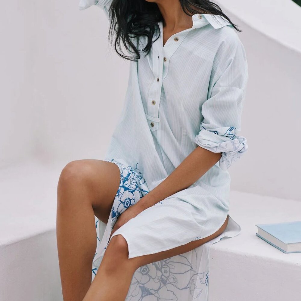 025 By Anthropologie Long Sleeve Popover Shirt Dress NWOT Oversized Size XS - Picture 2 of 12